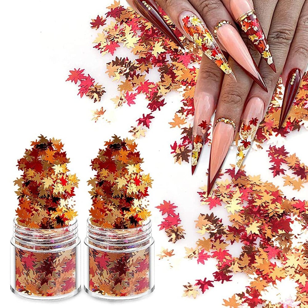 Nail Art Maple Leaf Flake 20gram Glitter Fall Leaves Metallic 3D Maple Leaf Shaped Red Yellow Orange Mixed Design Confetti -Maple Spangles for Women Girls Manicure Kit Decorations (2 Pot) Nail Art Maple Leaf Flake 20gram Glitter Fall Leaves Metallic 3D Maple Leaf Shaped Red Yellow Orange Mixed Design Confetti -Maple Spangles for Women Girls Manicure Kit Decorations (2 Pot)