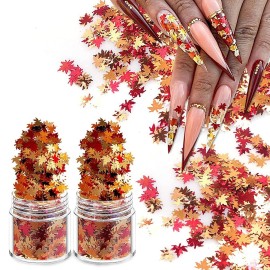 Nail Art Maple Leaf Flake 20gram Glitter Fall Leaves Metallic 3D Maple Leaf Shaped Red Yellow Orange Mixed Design Confetti -Maple Spangles for Women Girls Manicure Kit Decorations (2 Pot)