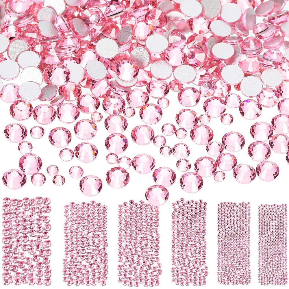 Bememo 3456 Pcs Crystals Diamond Rhinestones AB Clear Flat Back Round Gems Flatback Glass Mixed Size Crystals Gems for Crafts Clothes Shoes Makeup Bags Decor, 6 Sizes(Pink)