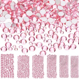 Bememo 3456 Pcs Crystals Diamond Rhinestones AB Clear Flat Back Round Gems Flatback Glass Mixed Size Crystals Gems for Crafts Clothes Shoes Makeup Bags Decor, 6 Sizes(Pink)