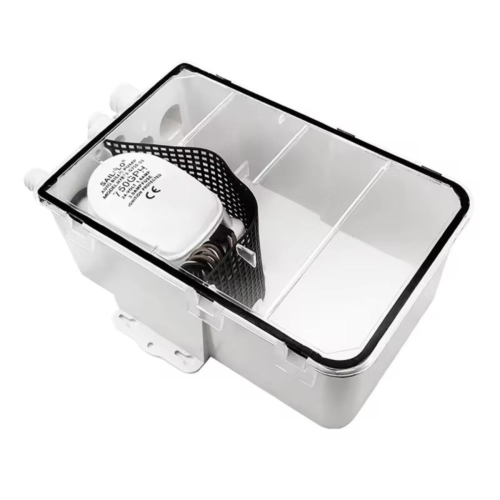 SAILINGFLO Marine Shower Sump Pump Kit System Drain Box-12V 750GPH Built-in Automatic Bilge Pump. Multi-Port Intlet for Marine, Yacht, Boat, Rvs