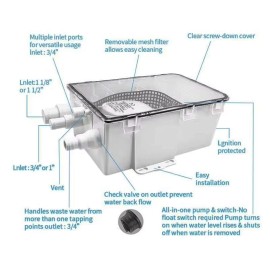 SAILINGFLO Marine Shower Sump Pump Kit System Drain Box-12V 750GPH Built-in Automatic Bilge Pump. Multi-Port Intlet for Marine, Yacht, Boat, Rvs