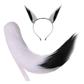 Anime Wolf Fox/Cat 25 Plush Tail + 2 Clip Ears Prop Halloween Cosplay New (White Black)