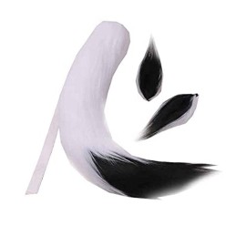 Anime Wolf Fox/Cat 25 Plush Tail + 2 Clip Ears Prop Halloween Cosplay New (White Black)