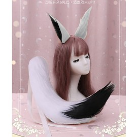 Anime Wolf Fox/Cat 25 Plush Tail + 2 Clip Ears Prop Halloween Cosplay New (White Black)