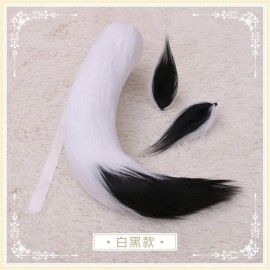 Anime Wolf Fox/Cat 25 Plush Tail + 2 Clip Ears Prop Halloween Cosplay New (White Black)