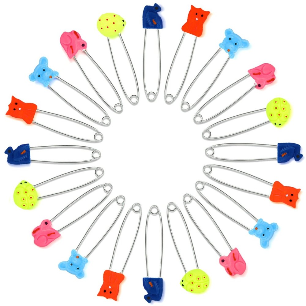 30 pcs Baby Safety Diaper Pin with Plastic Head Animal Pattern 2.4 Inch Secure Clips for Fastening Baby Clothes Diaper Napkins Stainless Steel Kids Newborn Safety Pin with Lock Buckle, Random Patterns