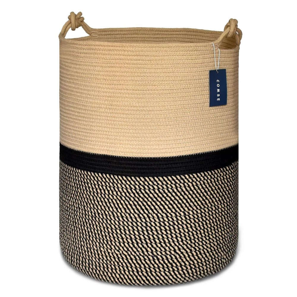 COMSE Extra Large Blanket Basket, Tall Woven Storage Basket, Nursery Hamper, 15.7x 21.7, Cotton Rope Laundry Hamper for Toys Clothes Towels, Blend Brown/Black