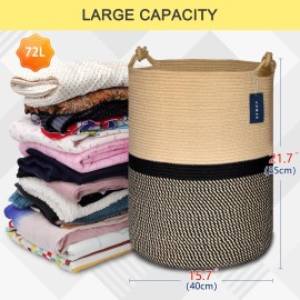 COMSE Extra Large Blanket Basket, Tall Woven Storage Basket, Nursery Hamper, 15.7x 21.7, Cotton Rope Laundry Hamper for Toys Clothes Towels, Blend Brown/Black