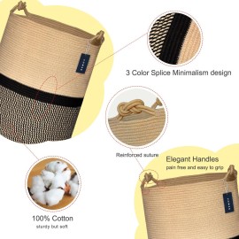 COMSE Extra Large Blanket Basket, Tall Woven Storage Basket, Nursery Hamper, 15.7x 21.7, Cotton Rope Laundry Hamper for Toys Clothes Towels, Blend Brown/Black