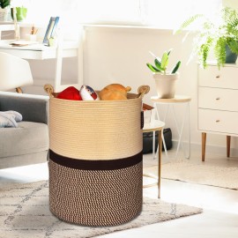COMSE Extra Large Blanket Basket, Tall Woven Storage Basket, Nursery Hamper, 15.7x 21.7, Cotton Rope Laundry Hamper for Toys Clothes Towels, Blend Brown/Black