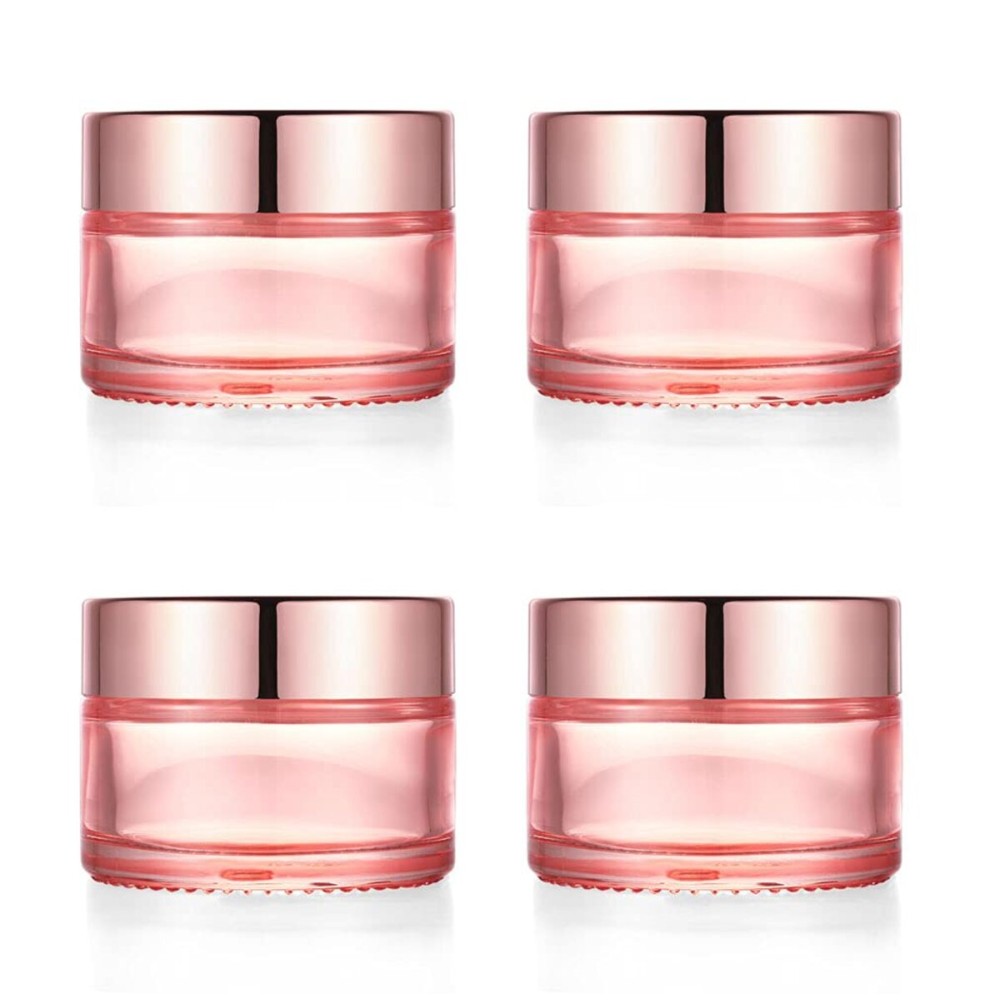Furnido 4 Pack,1 oz/30ml Pink Glass Face Cream Jar Pot,Empty Thick Glass Cosmetic Cream Jar Container With Rose-Golden Cover,Inner Liners for Moisturizer,Eyeshadow,Makeup Emulsion