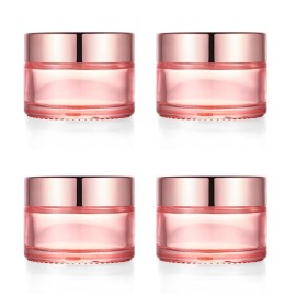Furnido 4 Pack,1 oz/30ml Pink Glass Face Cream Jar Pot,Empty Thick Glass Cosmetic Cream Jar Container With Rose-Golden Cover,Inner Liners for Moisturizer,Eyeshadow,Makeup Emulsion