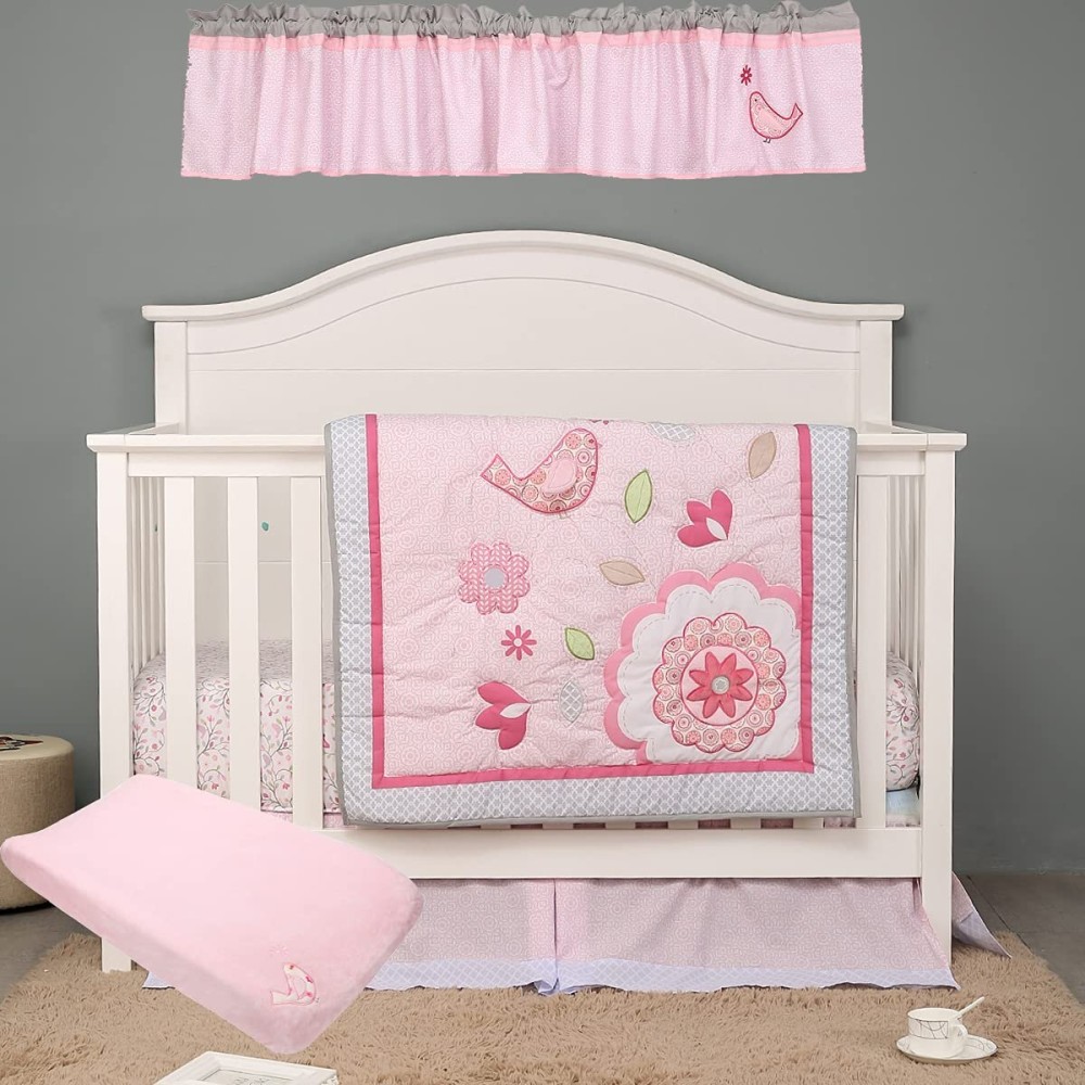 5 PCs Pink Floral Nursery Crib Bedding Set Embroidery Birds Flower Baby Girl Cot Bedding Set Quilt + Fitted Sheet + Skirt + Window Valance + Changing Pad Sheet