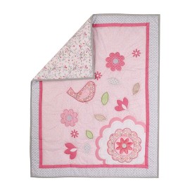 5 PCs Pink Floral Nursery Crib Bedding Set Embroidery Birds Flower Baby Girl Cot Bedding Set Quilt + Fitted Sheet + Skirt + Window Valance + Changing Pad Sheet
