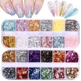 EBANKU 24 Grid Holographic Nail Art Flakes, Foil Glitter Sequins Confetti Gold Silver Irregular Mirror Effect Acrylic Powders Paillette for Nail Decoration