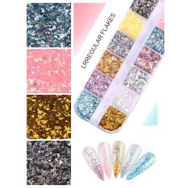 EBANKU 24 Grid Holographic Nail Art Flakes, Foil Glitter Sequins Confetti Gold Silver Irregular Mirror Effect Acrylic Powders Paillette for Nail Decoration