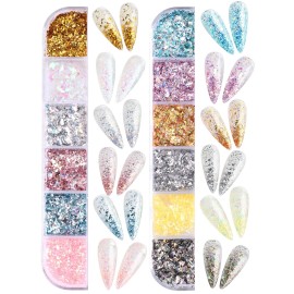 EBANKU 24 Grid Holographic Nail Art Flakes, Foil Glitter Sequins Confetti Gold Silver Irregular Mirror Effect Acrylic Powders Paillette for Nail Decoration