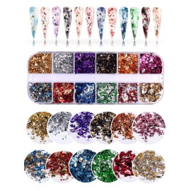 EBANKU 24 Grid Holographic Nail Art Flakes, Foil Glitter Sequins Confetti Gold Silver Irregular Mirror Effect Acrylic Powders Paillette for Nail Decoration