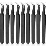 9 Pieces Curved Pointed Craft Tweezers Stainless Steel Precision Tweezer with Protective Cover for Sewing Scrapbooking Craft Stickers Eyelash Extension Jewelry Making(Black)