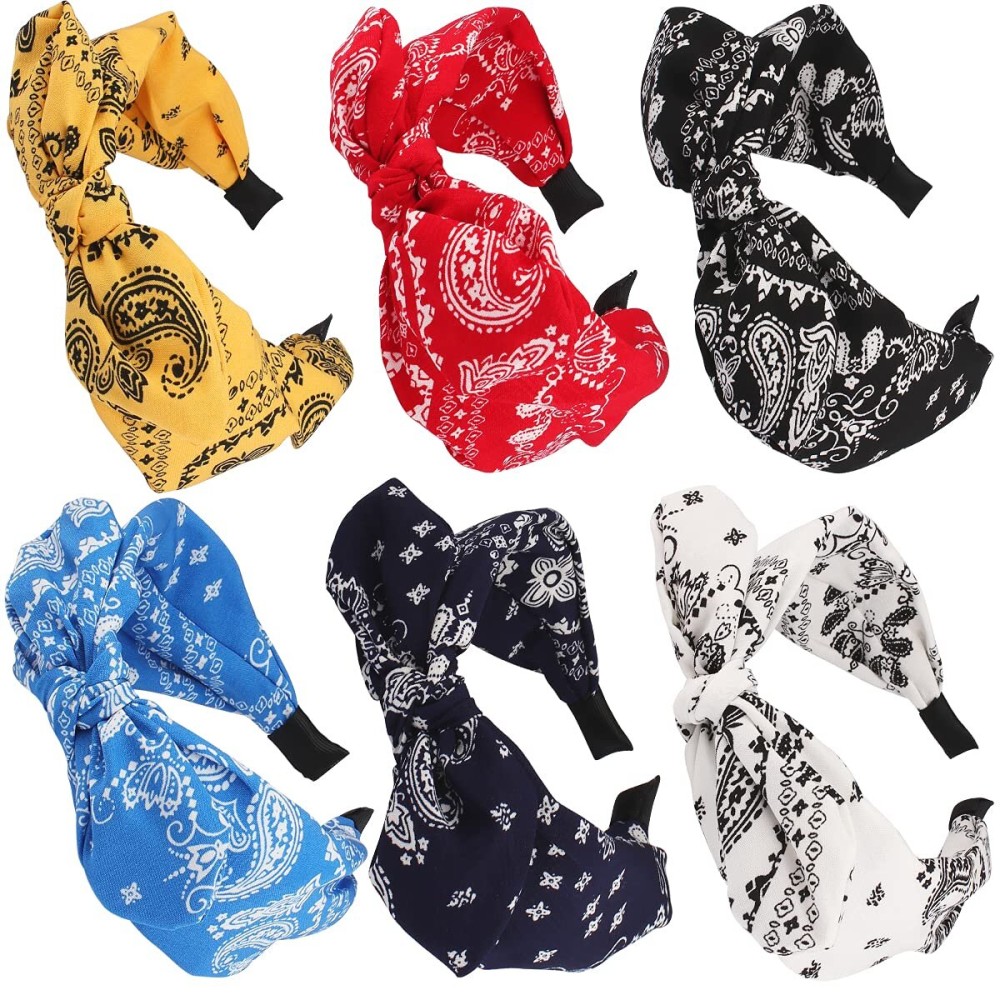 TOBATOBA Bandana Headband for Women Knotted Bow Headbands for Women Elastic Paisley Headband Vintage Rabbit Ear Bow Headband Wide Top Knot Headband Turban Headwraps Cute Hair Band for Women Girls 6Pcs