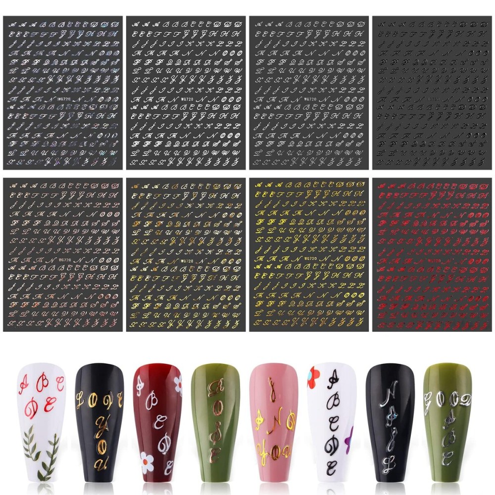 EBANKU 8 Sheets Old English Letter Nail Decals 3D Self-Adhesive Gold Silver Black White Retro English Pattern Laser Nail Design Manicure Accessories for Women Girls EBANKU 8 Sheets Old English Letter Nail Decals 3D Self-Adhesive Gold Silver Black White Retro English Pattern Laser Nail Design Manicure Accessories for Women Girls