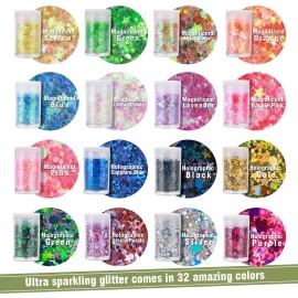 Teenitor Glitter, Chunky Glitter Mixed, Nail Glitter with Stars, Cosmetic Face Body Eye Hair Glitter, 32pcs Teenitor Glitter, Chunky Glitter Mixed, Nail Glitter with Stars, Cosmetic Face Body Eye Hair Glitter, 32pcs