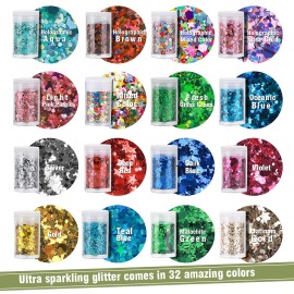 Teenitor Glitter, Chunky Glitter Mixed, Nail Glitter with Stars, Cosmetic Face Body Eye Hair Glitter, 32pcs Teenitor Glitter, Chunky Glitter Mixed, Nail Glitter with Stars, Cosmetic Face Body Eye Hair Glitter, 32pcs