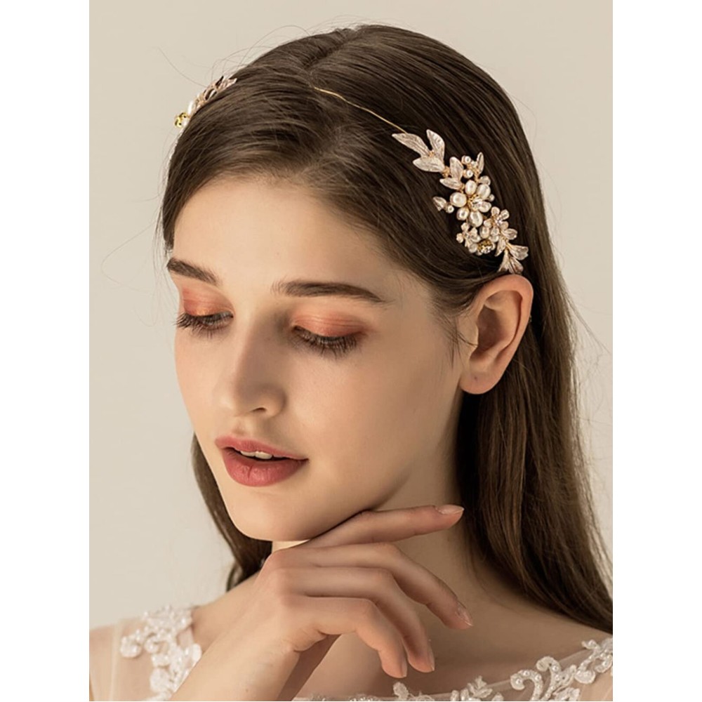 JWICOS Gold Bridal Leaves Rhinestones Headband for Brides and Bridesmaid Flower Pearl Crystal Hair Accessories for Wedding Bridal Hair Vine for Women and Girls
