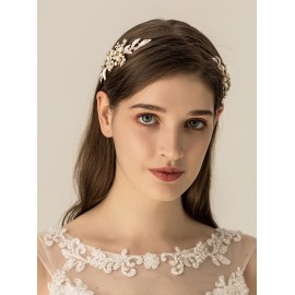 JWICOS Gold Bridal Leaves Rhinestones Headband for Brides and Bridesmaid Flower Pearl Crystal Hair Accessories for Wedding Bridal Hair Vine for Women and Girls