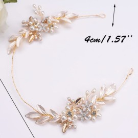 JWICOS Gold Bridal Leaves Rhinestones Headband for Brides and Bridesmaid Flower Pearl Crystal Hair Accessories for Wedding Bridal Hair Vine for Women and Girls