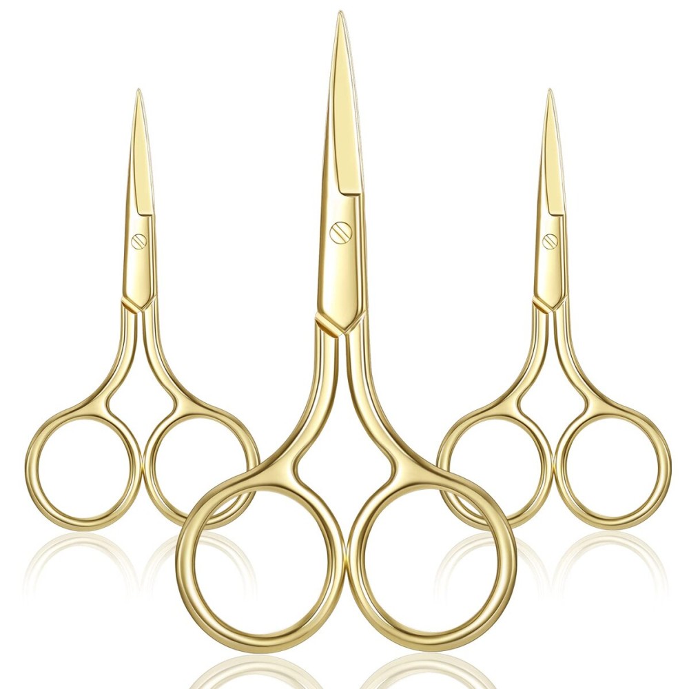 Mudder 3 Pack Small Nose Scissors Facial Hair Trimming Mini Beauty Stainless Steel Grooming Pointed Scissor for Grooming Eyebrows, Nose, Mustache, Beard(Gold)