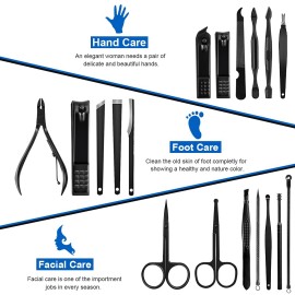 Keiby Citom Professional Stainless Steel Nail Clipper Travel & Grooming Kit Nail Tools Manicure & Pedicure Set of 18pcs with Luxurious Case (Black/Blue)
