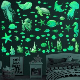 Ocean Fish Wall Decals,Glow in The Dark Sea Wall Decals Vinyl Sea Life Wall Stickers Removable Waterproof Peel and Stick for Boys Kids Bathroom Watercolor Ocean Creatures Decor (Green)