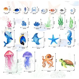 Ocean Fish Wall Decals,Glow in The Dark Sea Wall Decals Vinyl Sea Life Wall Stickers Removable Waterproof Peel and Stick for Boys Kids Bathroom Watercolor Ocean Creatures Decor (Green)