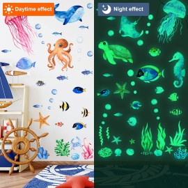 Ocean Fish Wall Decals,Glow in The Dark Sea Wall Decals Vinyl Sea Life Wall Stickers Removable Waterproof Peel and Stick for Boys Kids Bathroom Watercolor Ocean Creatures Decor (Green)