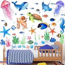 Ocean Fish Wall Decals,Glow in The Dark Sea Wall Decals Vinyl Sea Life Wall Stickers Removable Waterproof Peel and Stick for Boys Kids Bathroom Watercolor Ocean Creatures Decor (Green)