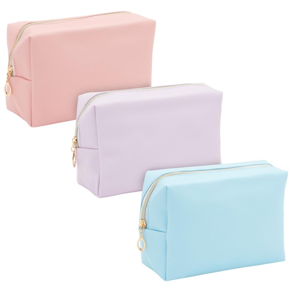 Glamlily 3 Pack Faux Leather Makeup Bag with Zipper, Travel Cosmetic Pouches (3 Pastel Colors)