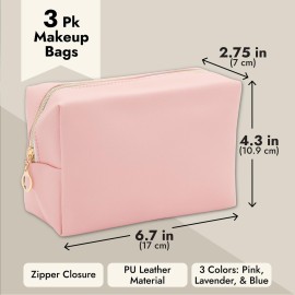 Glamlily 3 Pack Faux Leather Makeup Bag with Zipper, Travel Cosmetic Pouches (3 Pastel Colors)