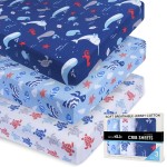 GROW WILD Blue Ocean Baby Crib Sheets for Boys (3 Pack) - Jersey Knit Fitted Sheet (52 x 28), Toddler Bedding Set & Baby Boy Crib Bedding Set, Turtles and Sea Animals Theme