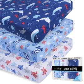 GROW WILD Blue Ocean Baby Crib Sheets for Boys (3 Pack) - Jersey Knit Fitted Sheet (52 x 28), Toddler Bedding Set & Baby Boy Crib Bedding Set, Turtles and Sea Animals Theme