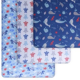 GROW WILD Blue Ocean Baby Crib Sheets for Boys (3 Pack) - Jersey Knit Fitted Sheet (52 x 28), Toddler Bedding Set & Baby Boy Crib Bedding Set, Turtles and Sea Animals Theme