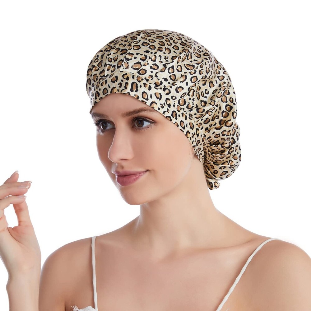SOBONNY Silk Bonnet for Sleeping 100% Mulberry Silk Sleep Cap for Women Hair Care Night Cap with Adjustable Ribbons(Large, Leopard)