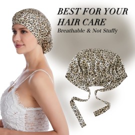SOBONNY Silk Bonnet for Sleeping 100% Mulberry Silk Sleep Cap for Women Hair Care Night Cap with Adjustable Ribbons(Large, Leopard)