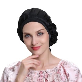 SOBONNY Silk Bonnet for Sleeping 100% Mulberry Silk Sleep Cap for Women Hair Care Night Cap with Adjustable Ribbons(Large, Black)