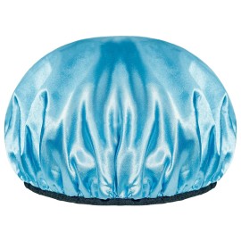 Aquior Shower Cap,Extra Large Triple Layer Bathing Cap with Dry Hair Function for Women Microfiber Terry Cloth Silky Satin 100% Waterproof Reusable Long Hair Bath Caps (Blue)