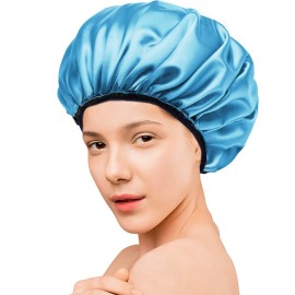 Aquior Shower Cap,Extra Large Triple Layer Bathing Cap with Dry Hair Function for Women Microfiber Terry Cloth Silky Satin 100% Waterproof Reusable Long Hair Bath Caps (Blue)