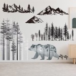 Outus 3 Sheets Mountain Forest Bear Wall Decals Stickers Pine Tree Wall Decals Woodland Trees Wall Stickers Forest Decals for Kids Nursery Bedroom Living Room Decor,11.8 x 35.4 Inches