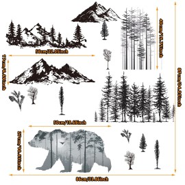 Outus 3 Sheets Mountain Forest Bear Wall Decals Stickers Pine Tree Wall Decals Woodland Trees Wall Stickers Forest Decals for Kids Nursery Bedroom Living Room Decor,11.8 x 35.4 Inches