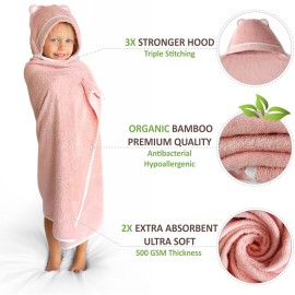 Premium Toddler Towels with Hood | Rayon Made from Bamboo Toddler Bath Towel | Large Hooded Towels for Toddlers | Toddler Towels for Girl Boy (Pink)